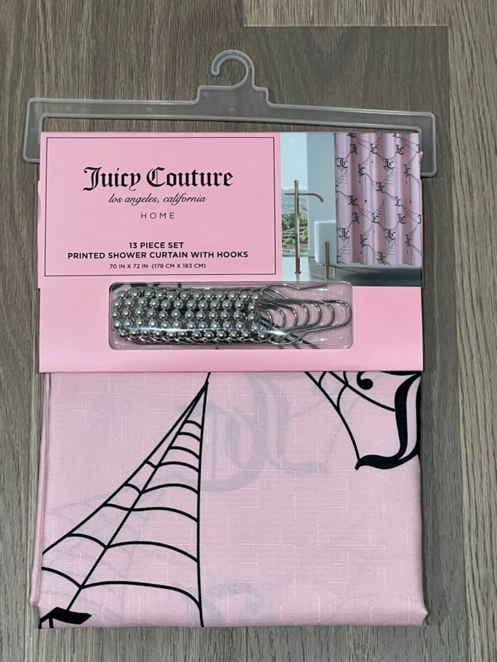 JUICY COUTURE Pink Black SPIDERWEBS Fabric Shower Curtain 70x72 Halloween Hooks